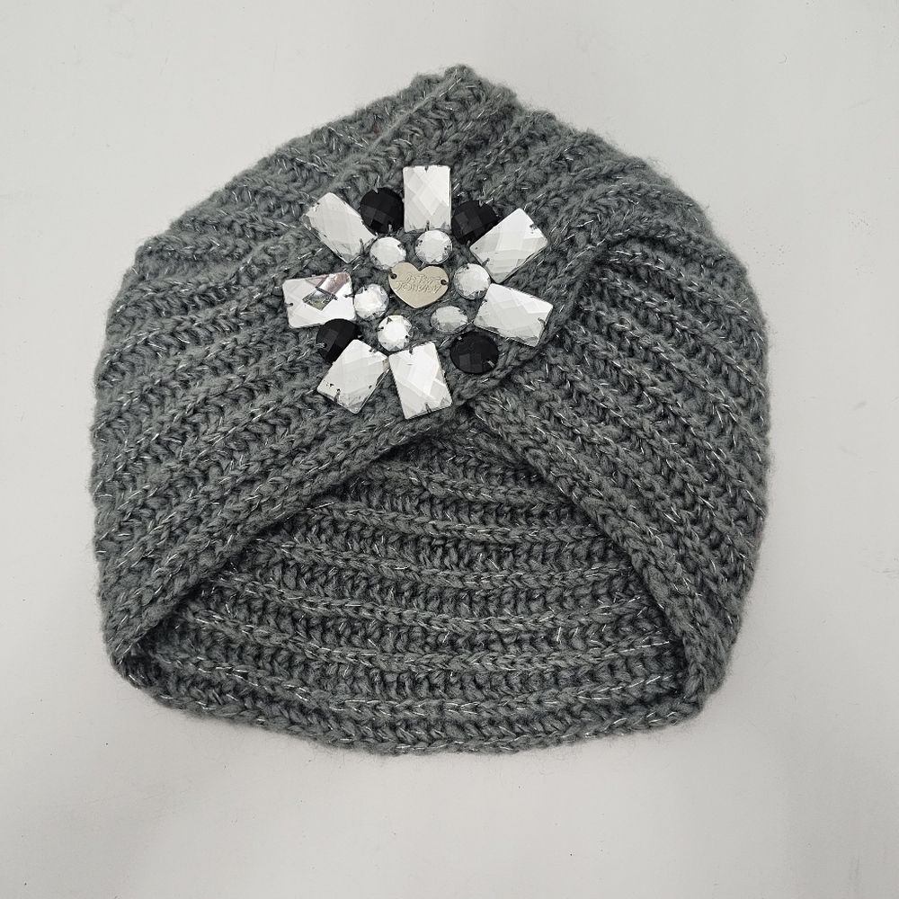 Betsey Johnson Hat Gray & Metallic Silver Knit Turban Wrap Style w/ Gem Accents